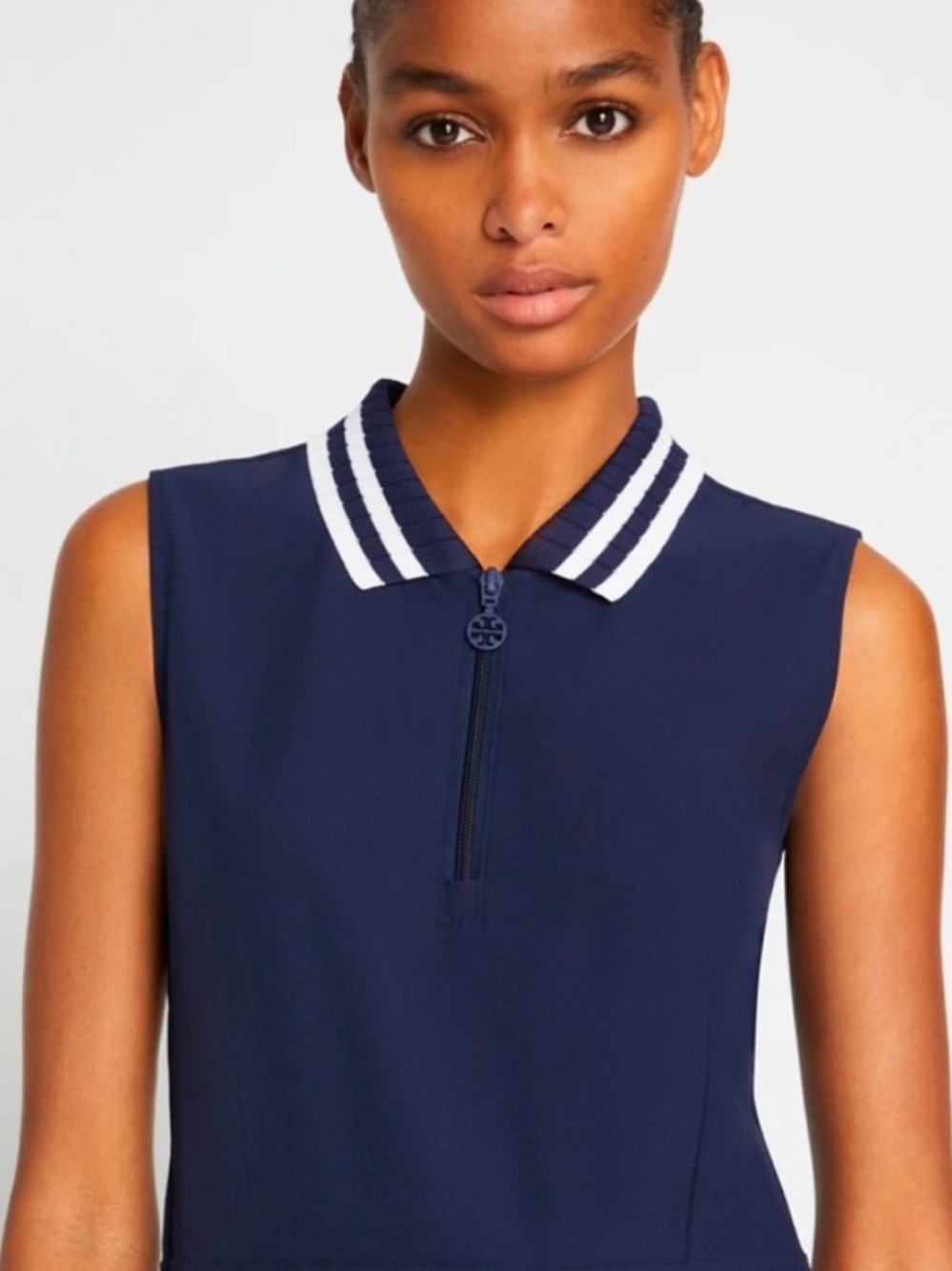 Tory Sport pleated golf athletic dress Navy Sz L white stripe collar front zip - Picture 8 of 10